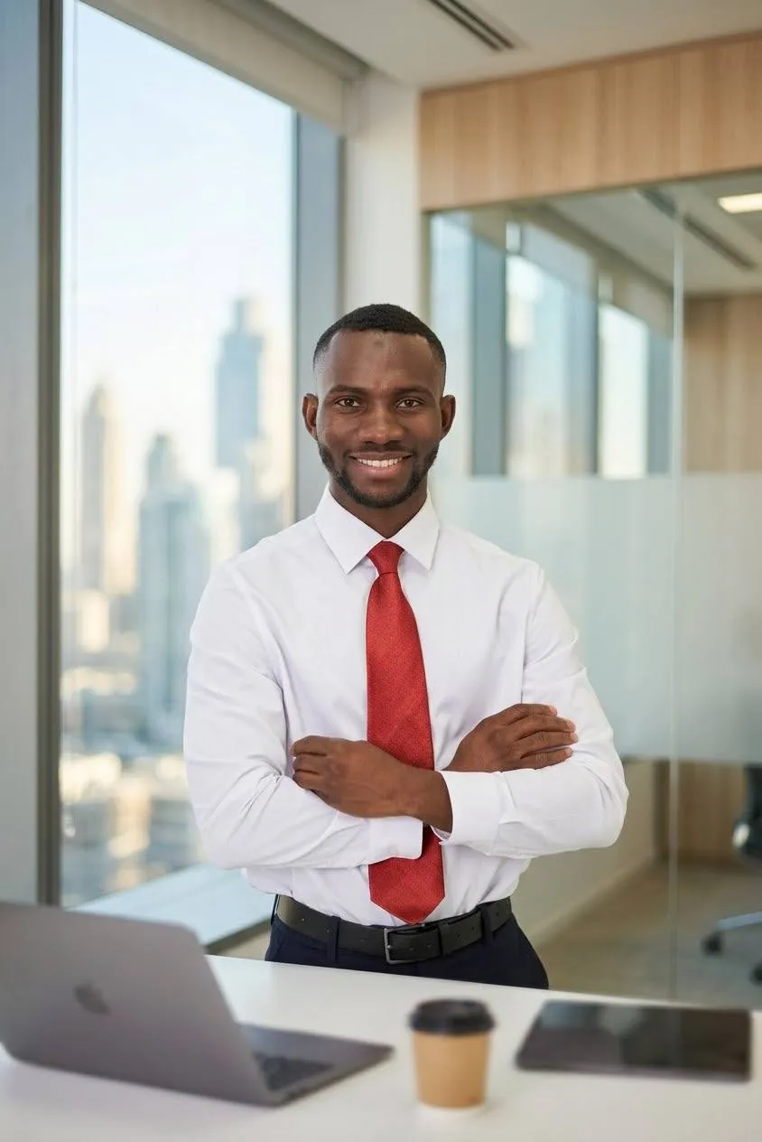 Retrato de Lassina Traore de pie, con camisa blanca y corbata roja, los brazos cruzados y una sonrisa, en una oficina acristalada con la ciudad al fondo; delante de él, un portátil, un vaso de café y una tableta sobre una mesa blanca.
